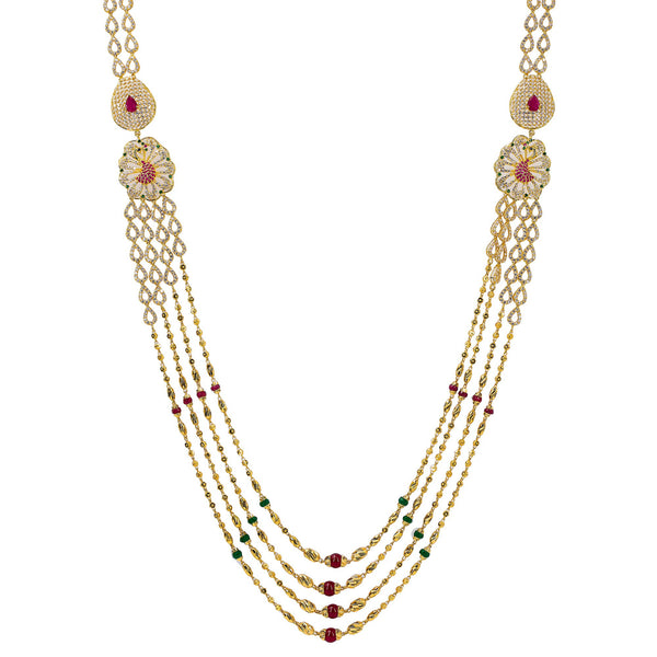 22K Yellow Gold Multi Strand Haaram Necklace W/ Emeralds, Rubies, CZ Gemstones & Side Pendants | 



The essence of elegance can also be translated into the boldness of intricate designs like th...