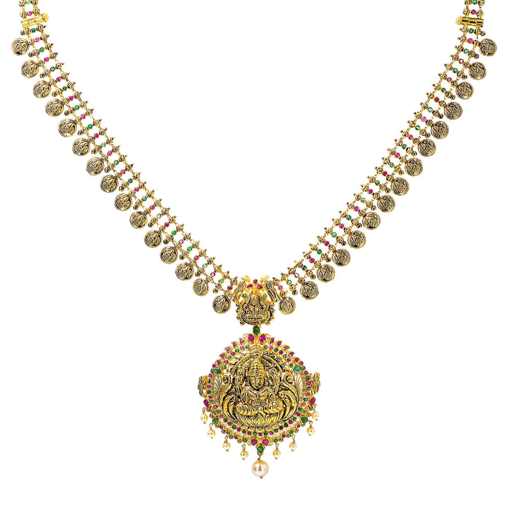 22K Yellow Antique Gold Laxmi Kasu Haaram Necklace W/ Emeralds, Rubies, Pearls & Large Pendant | 



Explore all of the luxurious pleasures of fine jewelry with statement pieces like this 22K ye...