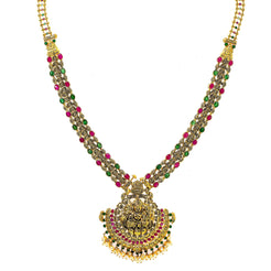 22K Yellow Antique Gold Laxmi Necklace W/ Emeralds, Rubies, Pearls & Beaded Adjustable Drawstring Closure