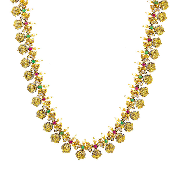 22K Yellow Antique Gold Ram Parivar Kasu Necklace W/ Rubies, Emeralds, Pachi CZ, Pearls & Fringed Adjustable Drawstring Closure | 



Blend the richness of culture with the brilliance of precious gemstones to reveal the most ex...