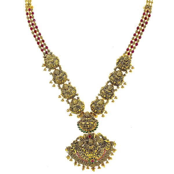 22K Yellow Antique Gold Laxmi Haaram Necklace W/ Emeralds, Rubies & Faceted Laxmi Accents | 



Express the beauty of South Asian culture with the exquisite designs of fine gold and gemston...