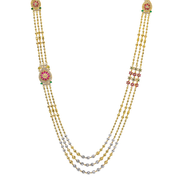 22K Multi Tone Gold Layered Haaram Necklace W/ Rubies, Emeralds, CZ Gemstones & Triple Ball Strands | 



Drape yourself in the elegance of long necklace designs with fine gold and precious gemstones...