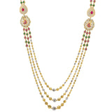 22K Multi Tone Gold Layered Haaram Necklace W/ Rubies, Emeralds, CZ Gemstones & Ornate Side Pendants | 



Allow elegance to cascade down the neckline of your coveted gown with breathtaking statement ...