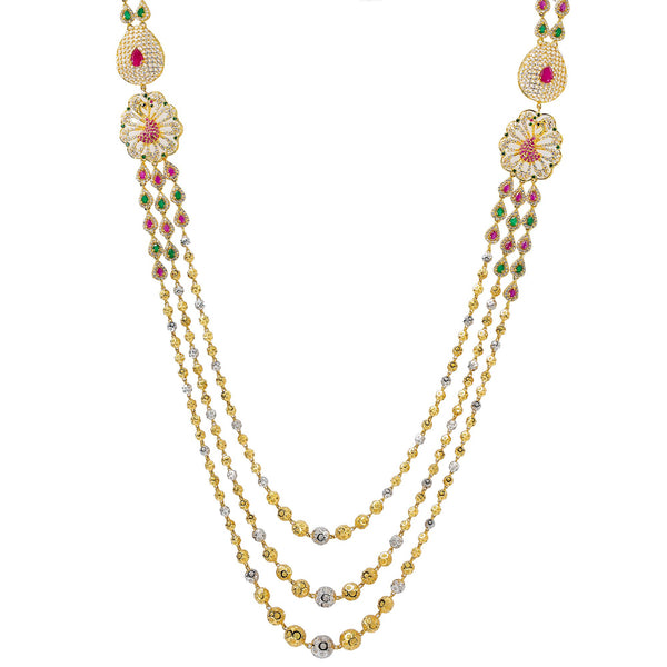 22K Multi Tone Gold Layered Haaram Necklace W/ Rubies, Emeralds, CZ Gemstones & Ornate Side Pendants | 



Allow elegance to cascade down the neckline of your coveted gown with breathtaking statement ...