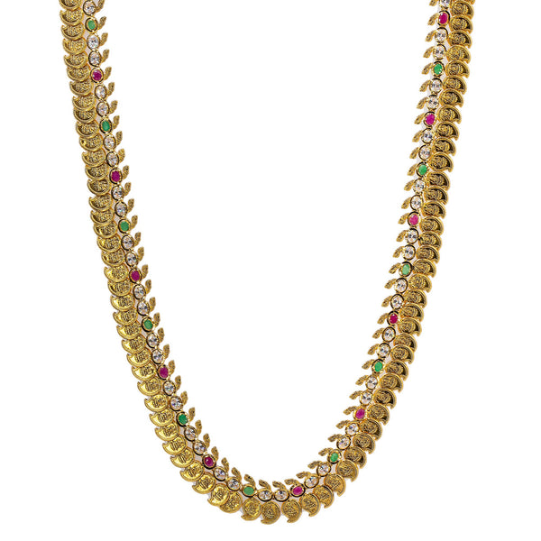 22K Yellow Antique Gold Laxmi Mango Haaram Necklace W/ Rubies, Emeralds, Pachi CZ & Adjustable Drawstring Closure | 



Statement pieces are essential for creating head-turning looks much like this stunning 22K ye...