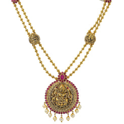 22K Yellow Antique Gold Laxmi Necklace W/ Rubies, Pearls, Double Ball Strands & Adjustable Drawstring Closure