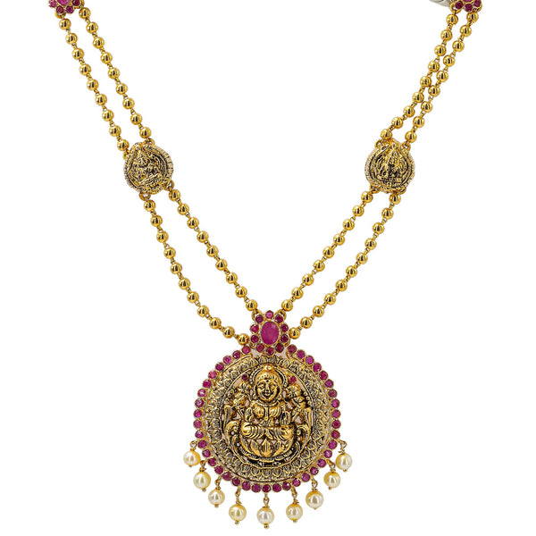 22K Yellow Antique Gold Laxmi Necklace W/ Rubies, Pearls, Double Ball Strands & Adjustable Drawstring Closure | 



Temple jewelry pieces are the sure way of creating an unforgettable look that will turn heads...