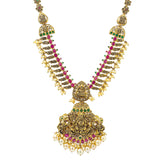 22K Yellow Antique Gold Laxmi Necklace W/ Rubies, Emeralds, Pearls & Double Laxmi Pendants | 



Create unforgettable moments in unforgettable jewelry with Temple pieces like this most elabo...