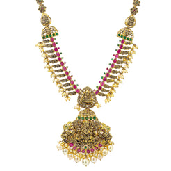 22K Yellow Antique Gold Laxmi Necklace W/ Rubies, Emeralds, Pearls & Double Laxmi Pendants