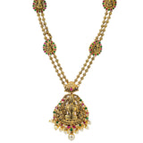 22K Yellow Antique Gold Laxmi Necklace W/ Rubies, Emeralds, Pearls, Split Double Strand & Adjustable Drawstring Closure | 



Create unforgettable moments in unforgettable jewelry with Temple pieces like this most elabo...