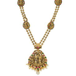 22K Yellow Antique Gold Laxmi Necklace W/ Rubies, Emeralds, Pearls, Split Double Strand & Adjustable Drawstring Closure