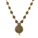 22K Yellow Antique Gold Laxmi Necklace W/ Rubies, Emeralds, Pearl & Adjustable Drawstring Closure | Add a unique piece of Temple jewelry to your attire as the crowning stroke to your look like this...