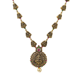 22K Yellow Antique Gold Laxmi Necklace W/ Rubies, Emeralds, Pearl & Adjustable Drawstring Closure