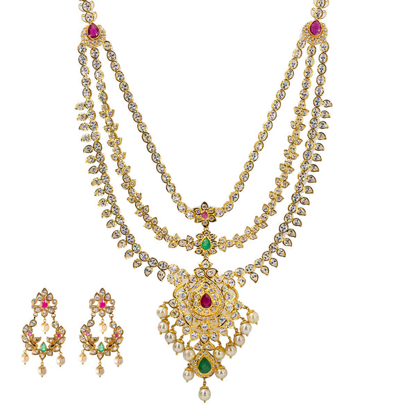 22K Yellow Gold Chandelier Necklace & Earrings Set W/ Emeralds, Rubies, Pachi CZ & Pearls | 



Explore the regality of the finest 22K gold gemstone jewelry designs much like this 22K yello...