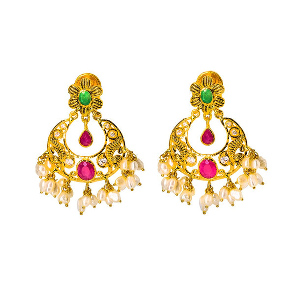 22K Yellow Gold Guttapusalu Necklace and Chandbali Earrings Set W/ Emeralds, Pearls, CZ , Rubies & Chandelier Pendant | 22K Yellow Gold Guttapusalu Necklace and Chandbali Earrings Set W/ Emeralds, Pearls, CZ , Rubies ...