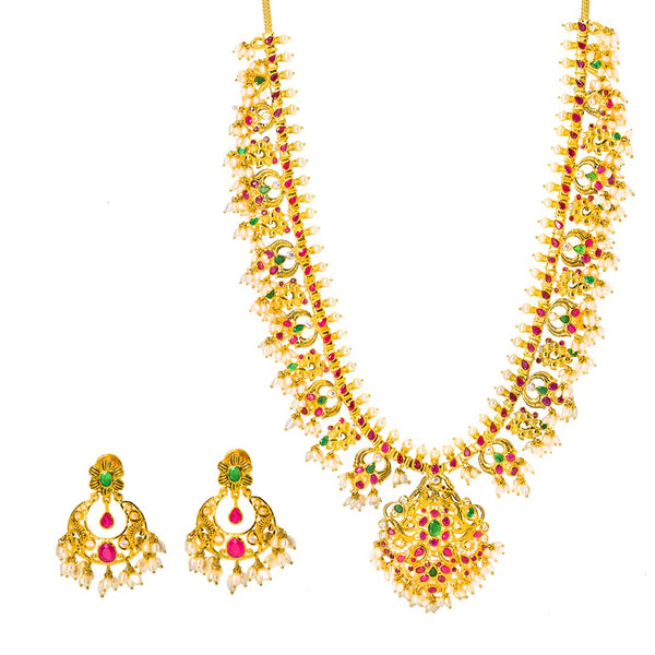 22K Yellow Gold Guttapusalu Necklace and Chandbali Earrings Set W/ Emeralds, Pearls, CZ , Rubies & Chandelier Pendant | 22K Yellow Gold Guttapusalu Necklace and Chandbali Earrings Set W/ Emeralds, Pearls, CZ , Rubies ...