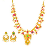 22K Yellow Gold Antique Guttapusalu Necklace and Earrings Set W/ Emeralds, Pearls, CZ, Rubies & Flower Accents | 22K Yellow Gold Antique Guttapusalu Necklace and Earrings Set W/ Emeralds, Pearls, CZ, Rubies &am...