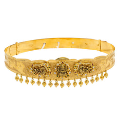 22K Yellow Gold Vaddanam Waist Belt W/ Ruby, Emerald, CZ Gems & Antique Finish Pendants, Size 32