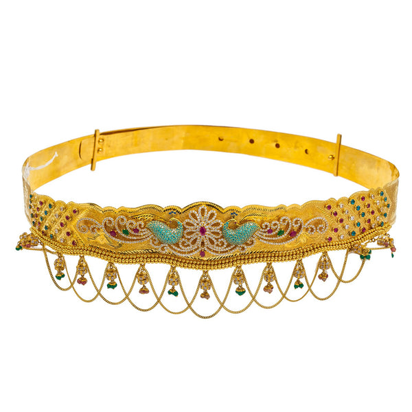 22K Yellow Gold Vaddanam Waist Belt W/ Ruby, Emerald, Sapphire, CZ Gems & Paisley Peacock Chandelier Design |  22K Yellow Gold Vaddanam Waist Belt W/ Ruby, Emerald, Sapphire, CZ Gems & Paisley Peacock Ch...