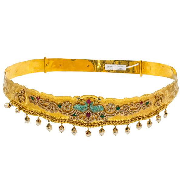 22K Yellow Gold Vaddanam Waist Belt W/ Ruby, Emerald, Sapphire, CZ Gems, Hanging Pearls & Paisley Mirror Peacocks |  22K Yellow Gold Vaddanam Waist Belt W/ Ruby, Emerald, Sapphire, CZ Gems, Hanging Pearls & Pa...