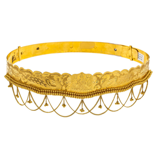 22K Yellow Gold Vaddanam Waist Belt W/ Laser Etched Portrait & Chandelier Accents | Add stunning 22K gold to your child’s outfit with this beautiful 22K waist belt from Virani Jewel...