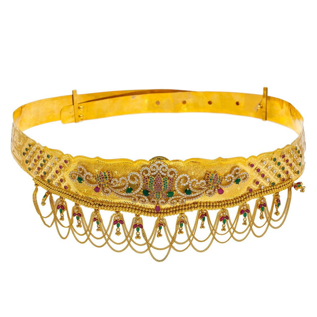 22K Yellow Gold Vaddanam Waist Belt W/ Ruby, Emerald, CZ Gems & Lotus Flower Chandelier Design |  22K Yellow Gold Vaddanam Waist Belt W/ Ruby, Emerald, CZ Gems & Lotus Flower Chandelier Desi...