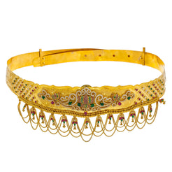 22K Yellow Gold Vaddanam Waist Belt W/ Ruby, Emerald, CZ Gems & Lotus Flower Chandelier Design