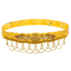 22K Yellow Gold Vaddanam Waist Belt W/ Ruby, Emerald, CZ Gems & Art Deco Double Peacock Laxmi Pendant