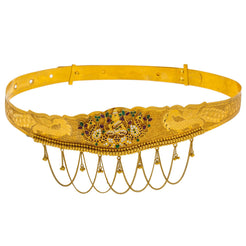 22K Yellow Gold Kids Vaddanam Waist Belt W/ Ruby, Emerald, CZ Gems & Floral Vine Laxmi Pendant