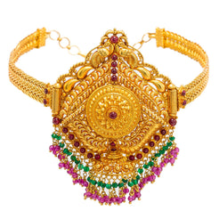 22K Yellow Gold Arm Vanki W/ Rubies, Emeralds & Royal Pendant on Braided Band