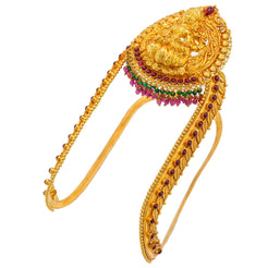 22K Yellow Gold Arm Vanki W/ Rubies, Emeralds & Laxmi Pendant on U-Shaped Band