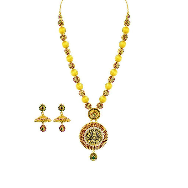 22K Yellow Gold Necklace & Jhumki Earrings Set W/ CZ, Ruby, Emerald, Ornate Laxmi Pendant & Floral Accent Chain |  22K Yellow Gold Necklace & Jhumki Earrings Set W/ CZ, Ruby, Emerald, Ornate Laxmi Pendant &a...