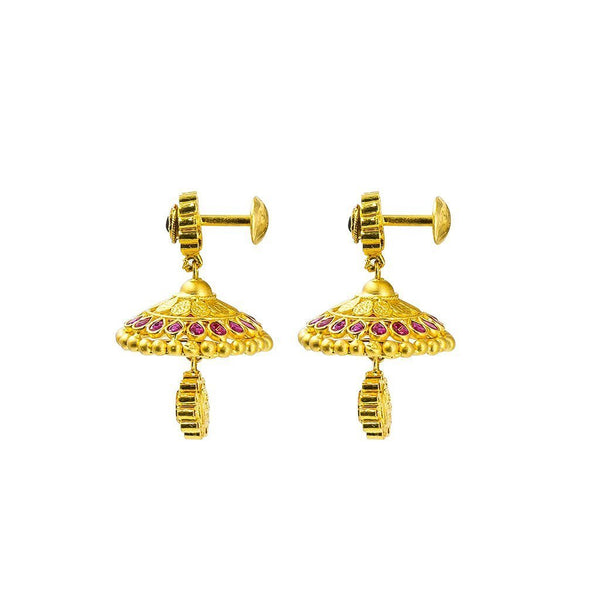 22K Yellow Gold Necklace & Jhumki Earrings Set W/ CZ, Ruby, Emerald, Ornate Laxmi Pendant & Floral Accent Chain |  22K Yellow Gold Necklace & Jhumki Earrings Set W/ CZ, Ruby, Emerald, Ornate Laxmi Pendant &a...