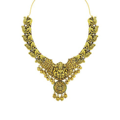 22K Yellow Gold Antique Temple Necklace W/ Ruby, Emerald & Laxmi Pendant on Carved Peacock Strand