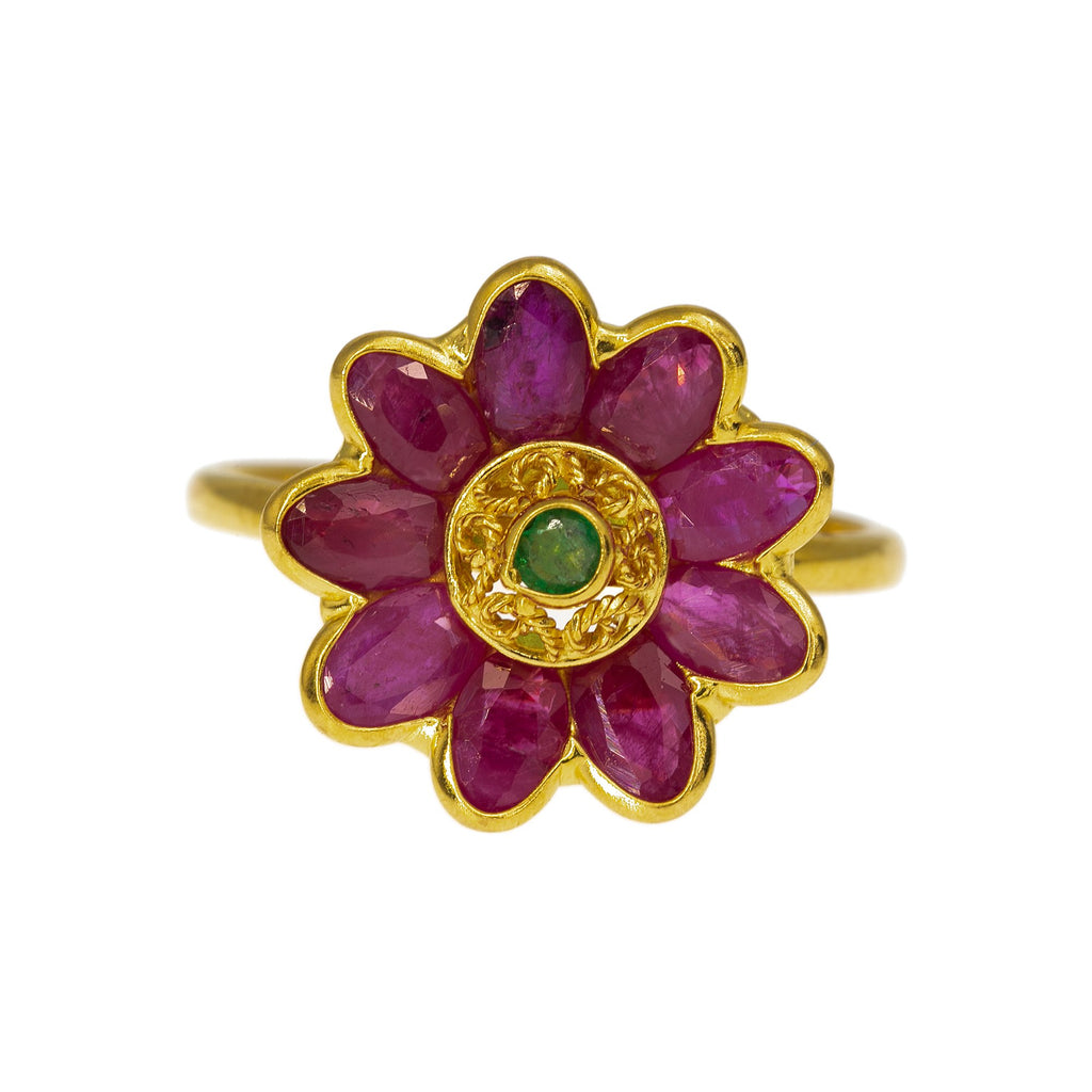 22K Yellow Gold Flower Ring W/ Rubies & Emeralds, 4 Grams | Enjoy the floral elegance of this 22K yellow gold gemstone ring from Virani Jewelers!
 
Features:...