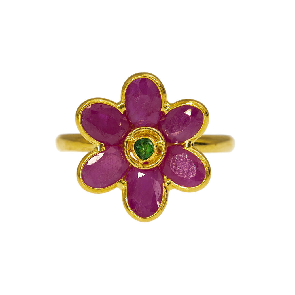 22K Yellow Gold Flower Ring W/ Rubies & Emeralds, 3.4 Grams | Add a hint of floral elegance to your attire with this 22K yellow gold gemstone ring from Virani ...