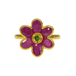 22K Yellow Gold Flower Ring W/ Rubies & Emeralds, 3.4 Grams