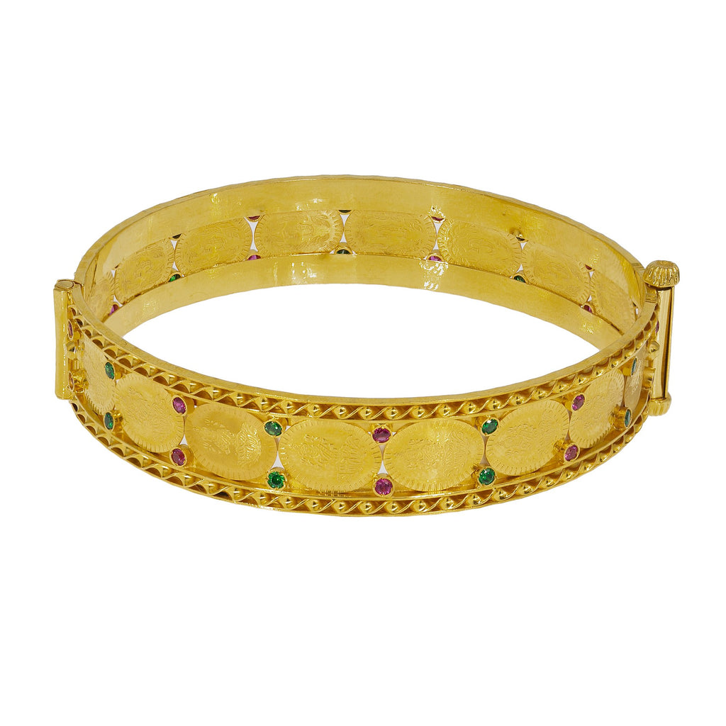 22K Yellow Gold Laxmi Kasu Bangle W/ Rubies, Emeralds & Twisted Trim | Radiance, opulence and feminine-chic accents are all tied up in this beautiful 22K yellow gold La...