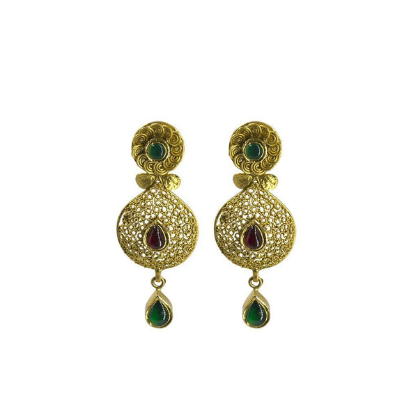 22K Yellow Gold Necklace & Earrings Set W/ Kundan & Matte Finish Details on Ornate Beaded Chain |  22K Yellow Gold Necklace & Earrings Set W/ Kundan & Matte Finish Details on Ornate Beade...