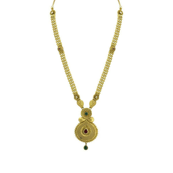 22K Yellow Gold Necklace & Earrings Set W/ Kundan & Matte Finish Details on Ornate Beaded Chain |  22K Yellow Gold Necklace & Earrings Set W/ Kundan & Matte Finish Details on Ornate Beade...