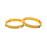 22K Yellow Antique Gold Openable Bangles Set of 2 W/ Kundan & Emeralds | Be bold in stackable accents of Kundan, emeralds and gold with this pair of 22K yellow antique go...