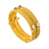 22K Yellow Antique Gold Openable Bangles Set of 2 W/ Kundan & Emeralds | Be bold in stackable accents of Kundan, emeralds and gold with this pair of 22K yellow antique go...