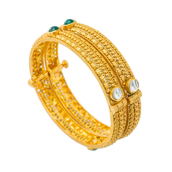 22K Yellow Antique Gold Openable Bangles Set of 2 W/ Kundan & Emeralds | Be bold in stackable accents of Kundan, emeralds and gold with this pair of 22K yellow antique go...