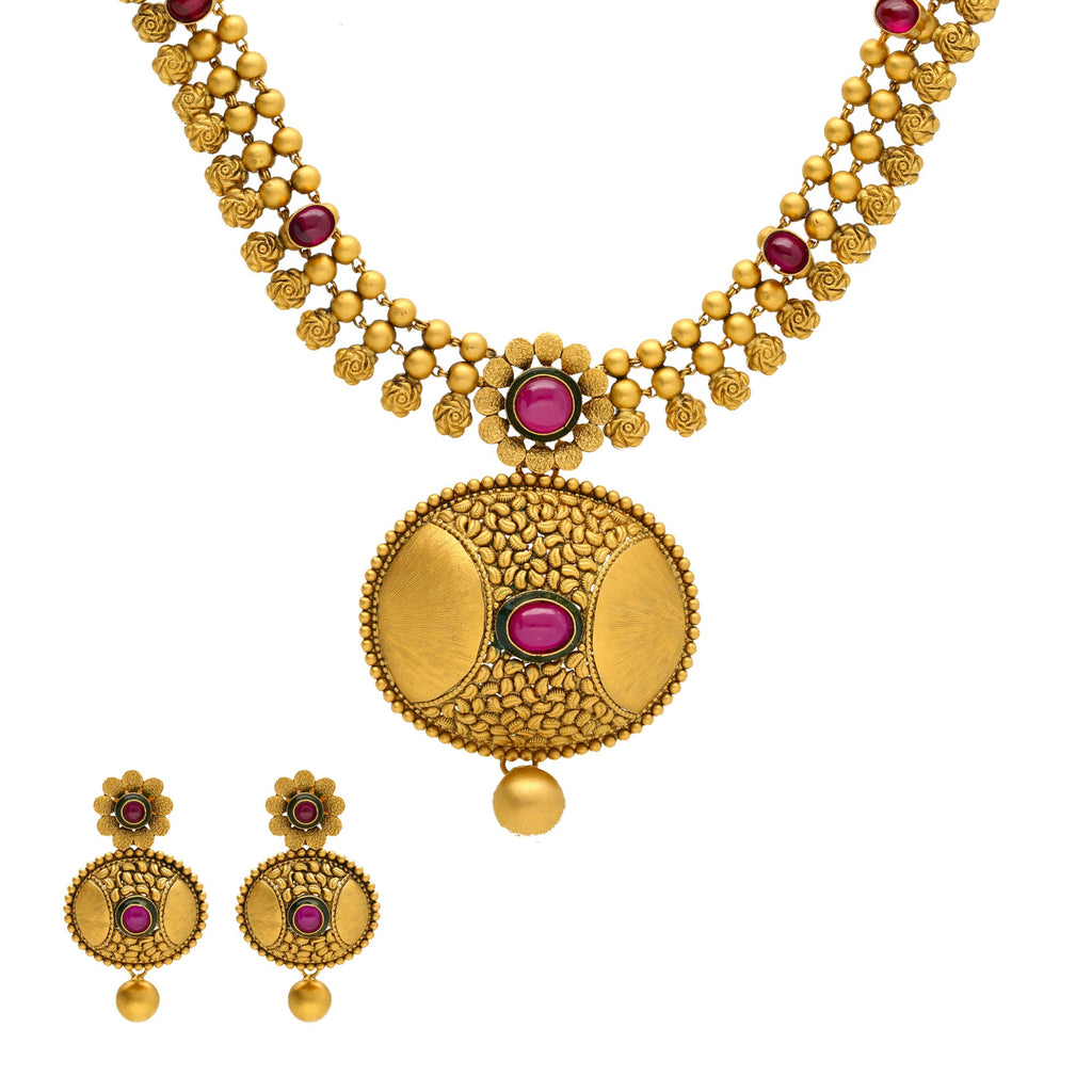 22K Yellow Gold Antique Necklace and Earrings Set W/ Ruby | 


Exuding ethereal charm and an antique allure, the 22K antique gold necklace has a stunning des...