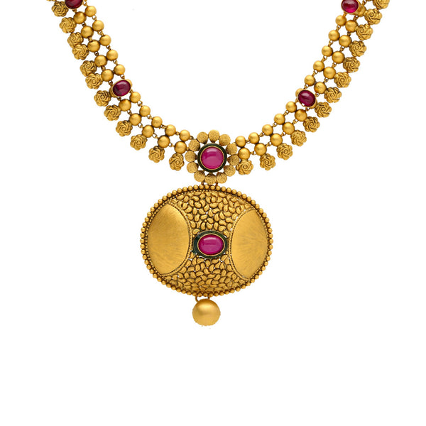 22K Yellow Gold Antique Necklace and Earrings Set W/ Ruby | 


Exuding ethereal charm and an antique allure, the 22K antique gold necklace has a stunning des...