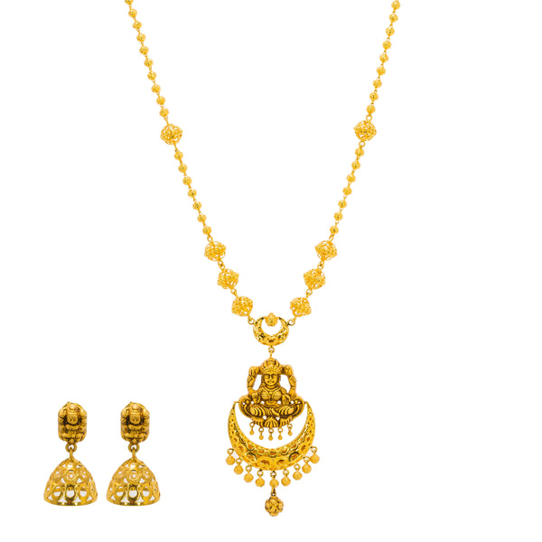 22K Yellow Gold Antique Necklace & Jhumki Earrings Set W/ Laxmi Pendant | Be bold and elegant with this most exquisite 22K yellow gold antique Temple necklace and earrings...