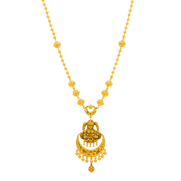 22K Yellow Gold Antique Necklace & Jhumki Earrings Set W/ Laxmi Pendant | Be bold and elegant with this most exquisite 22K yellow gold antique Temple necklace and earrings...