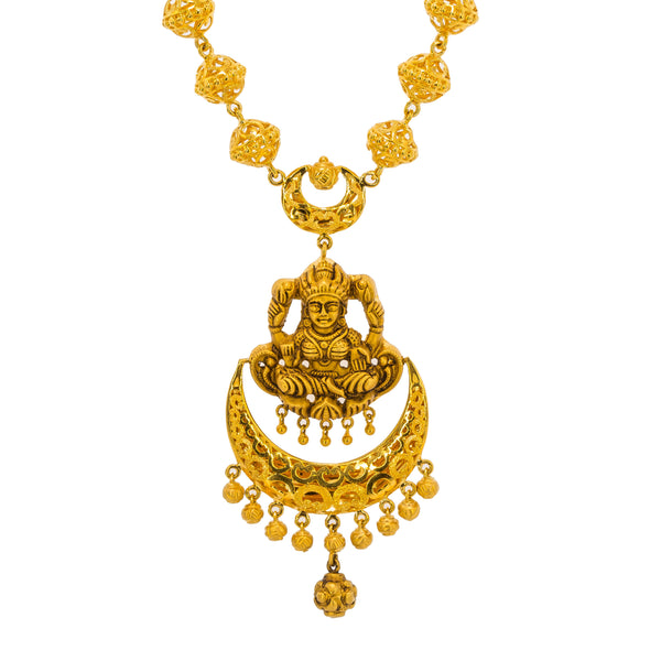 22K Yellow Gold Antique Necklace & Jhumki Earrings Set W/ Laxmi Pendant | Be bold and elegant with this most exquisite 22K yellow gold antique Temple necklace and earrings...