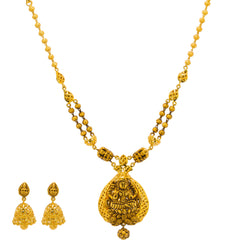 22K Yellow Gold Antique Necklace & Jhumki Earrings Set W/ Laxmi Pendant & Split Chain