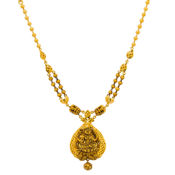 22K Yellow Gold Antique Necklace & Jhumki Earrings Set W/ Laxmi Pendant & Split Chain | Make an undeniably bold statement with this stunning 22K yellow gold antique Temple necklace and ...